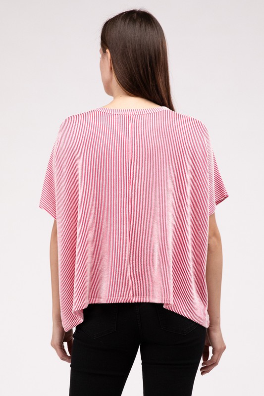 Zenana Ribbed Striped Oversized Short Sleeve Top