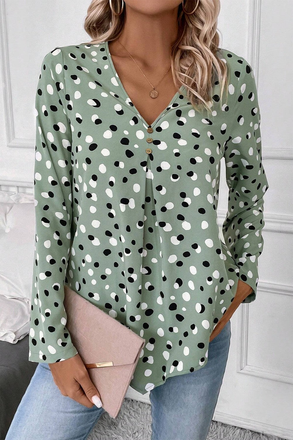 Printed V-Neck Long Sleeve Blouse