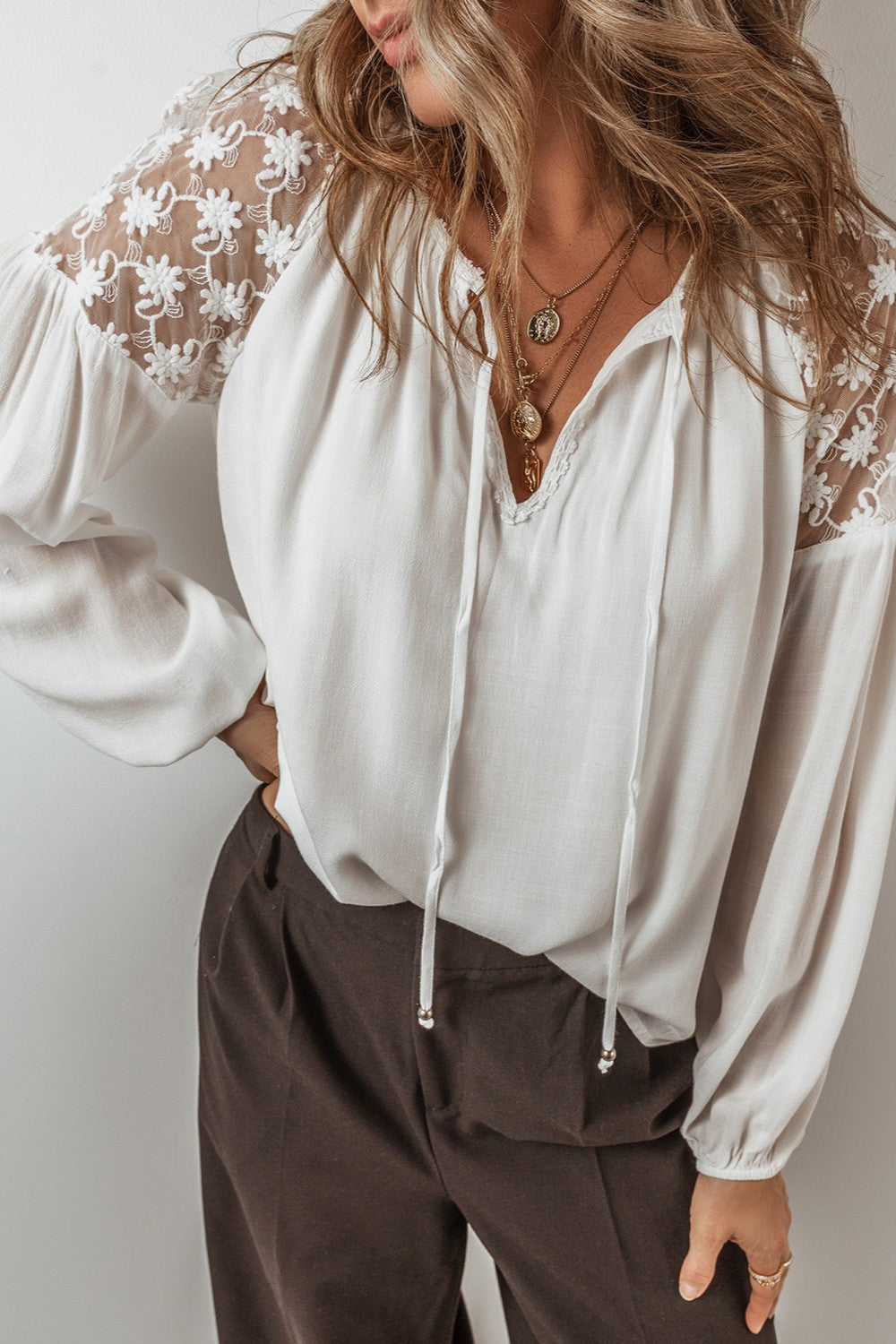 Lace Tie Neck Long Sleeve Blouse