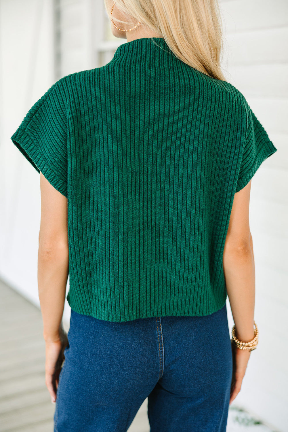 Lucky Green Patch Pocket Ribbed Knit Short Sleeve Sweater