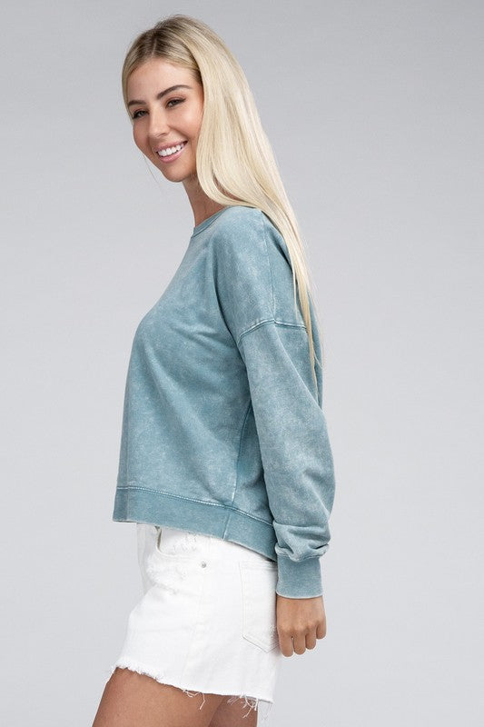 Zenana French Terry Acid Wash Boat Neck Pullover