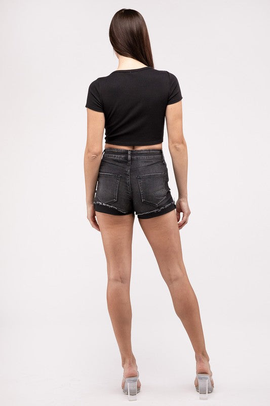 Zenana Washed Black Cuffed Raw Hem Denim Shorts