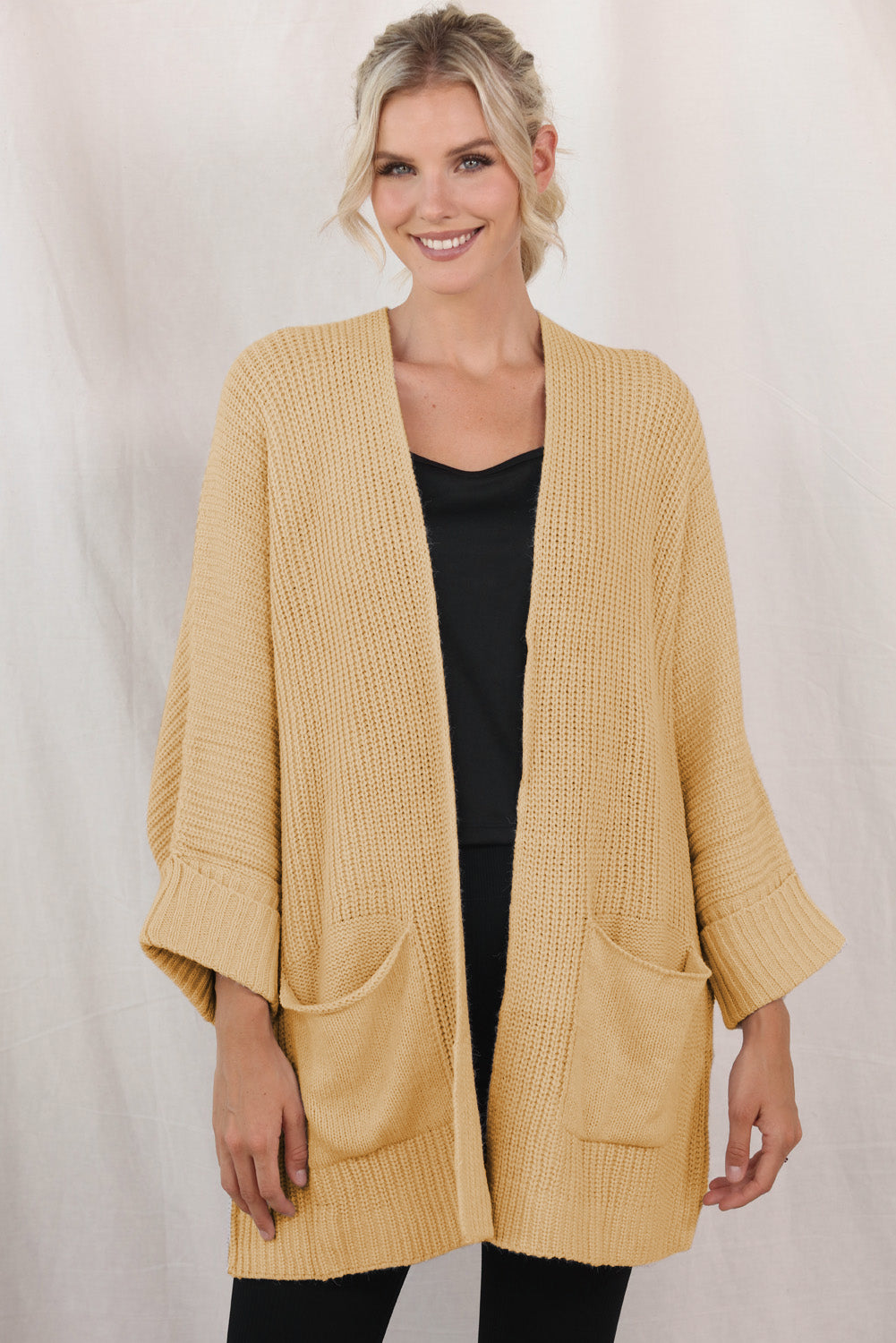 Waffle-Knit Long Sleeve Cardigan with Pocket