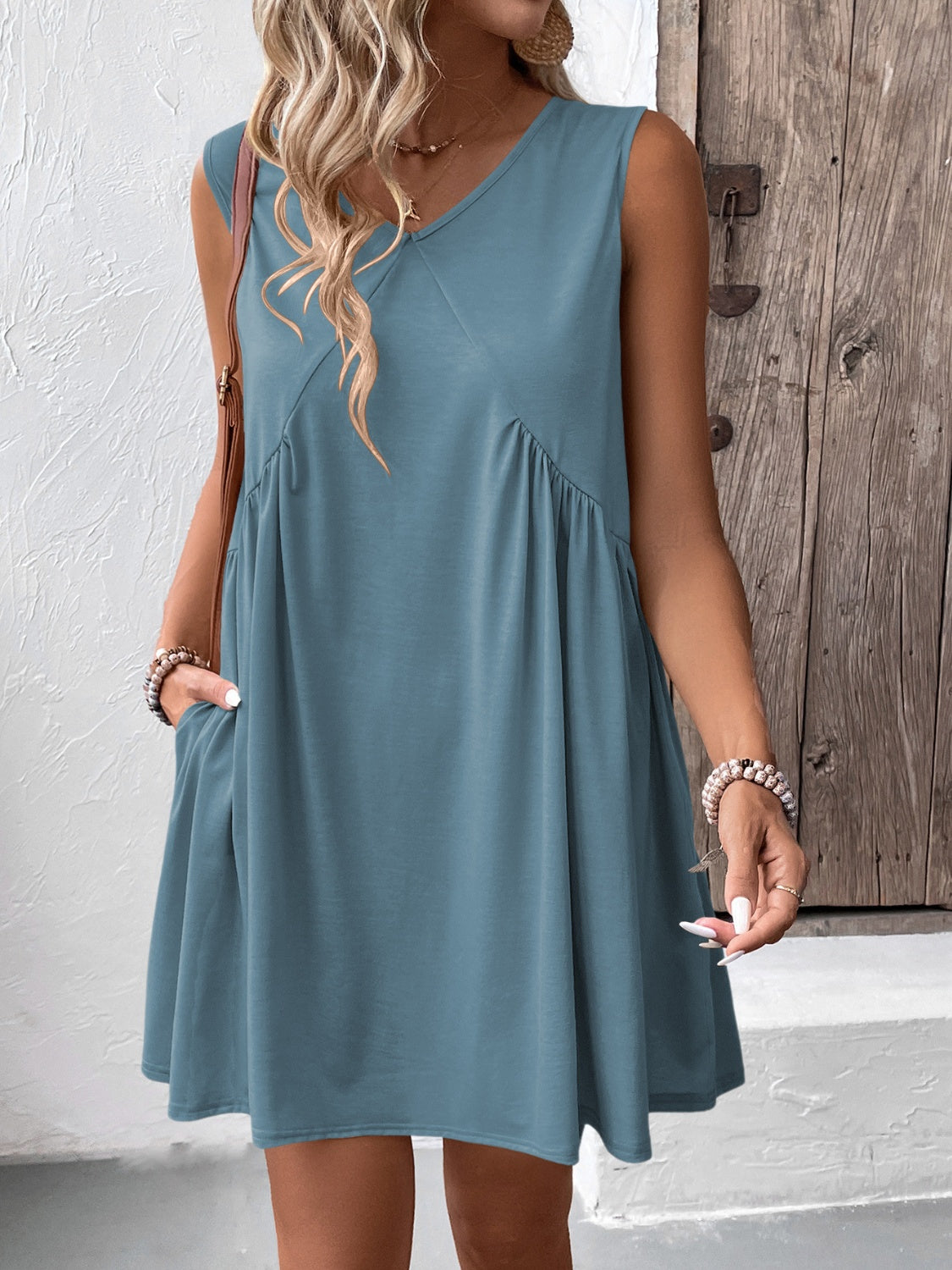 Ruched V-Neck Sleeveless Mini Dress