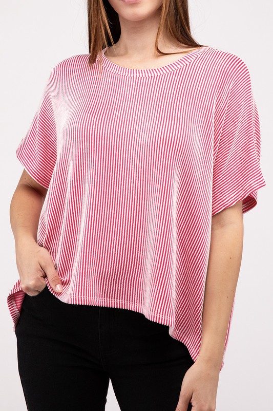 Zenana Ribbed Striped Oversized Short Sleeve Top