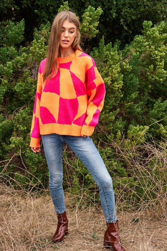 Multi Geo Checker Pullover Knit Sweater Top