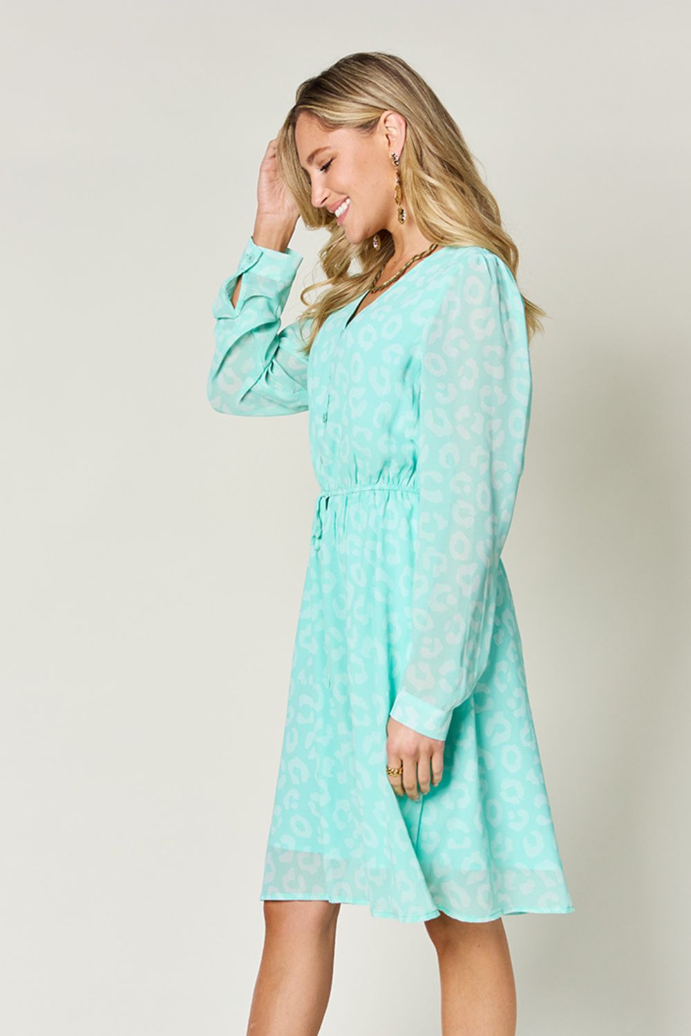 Double Take Teal Full Size Ruched V-Neck Long Sleeve Dress