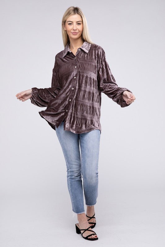 Wrinkle Effect Tiered Shirring Velvet Shirt by Bibi