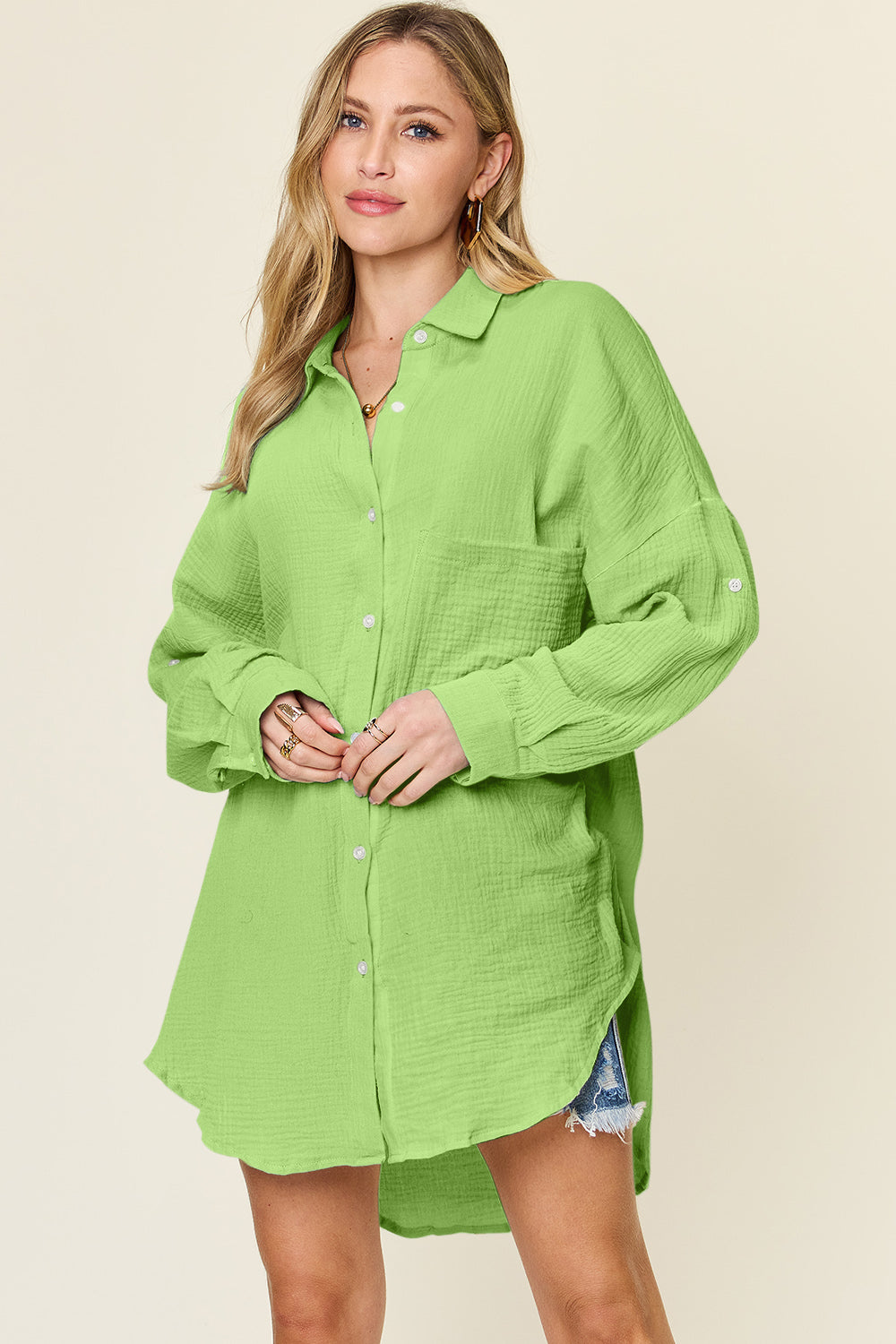 Double Take Full Size Pocketed Texture Button Up Shirt