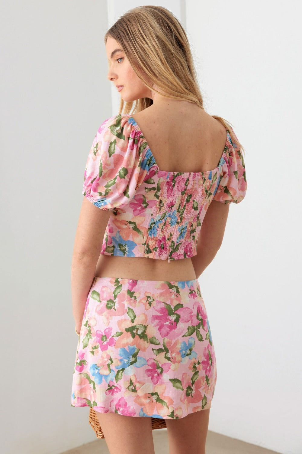 Le Lis Floral Puff Sleeve Crop Top and Mini Skirt Set