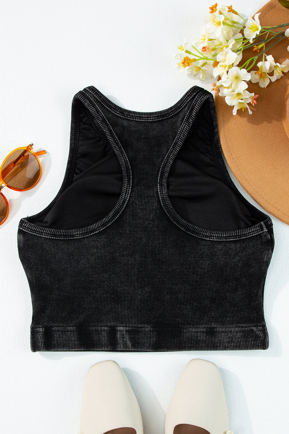 Black Ribbed Mineral Wash Racerback Cropped Tank Top