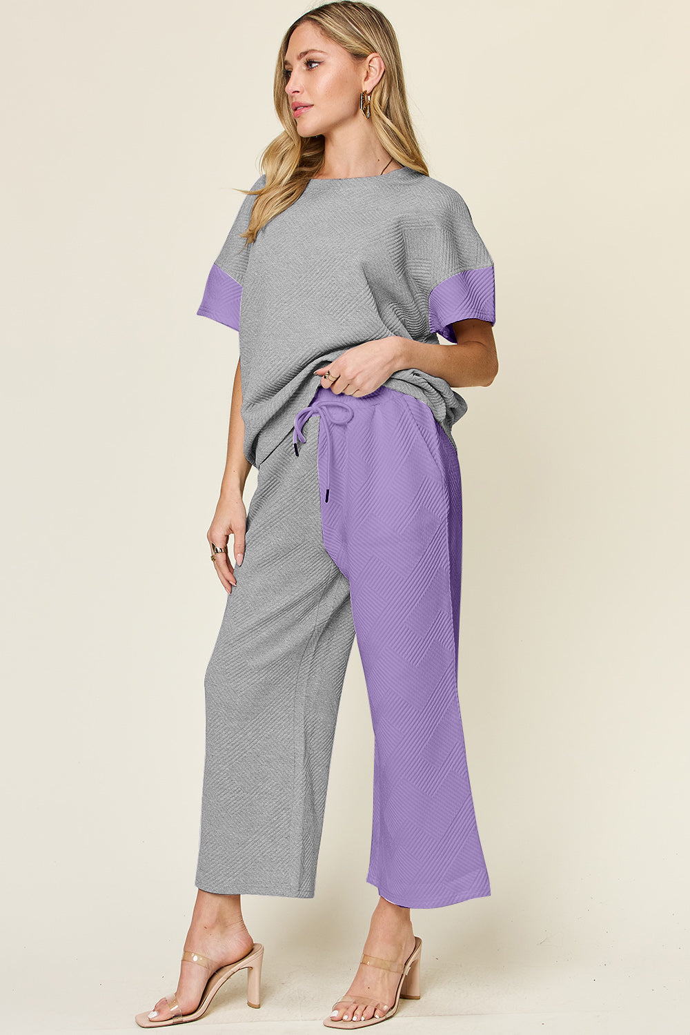 Double Take Full Size Texture Contrast T-Shirt and Wide Leg Pants Set