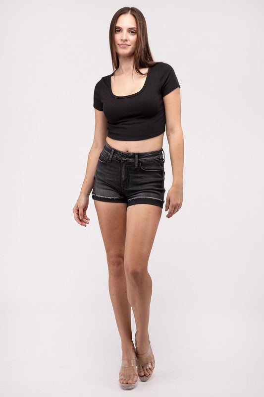 Zenana Washed Black Cuffed Raw Hem Denim Shorts