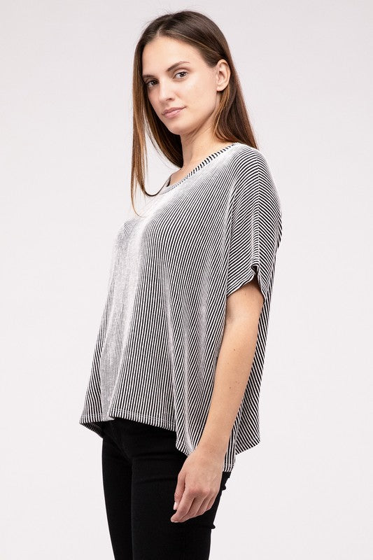 Zenana Ribbed Striped Oversized Short Sleeve Top