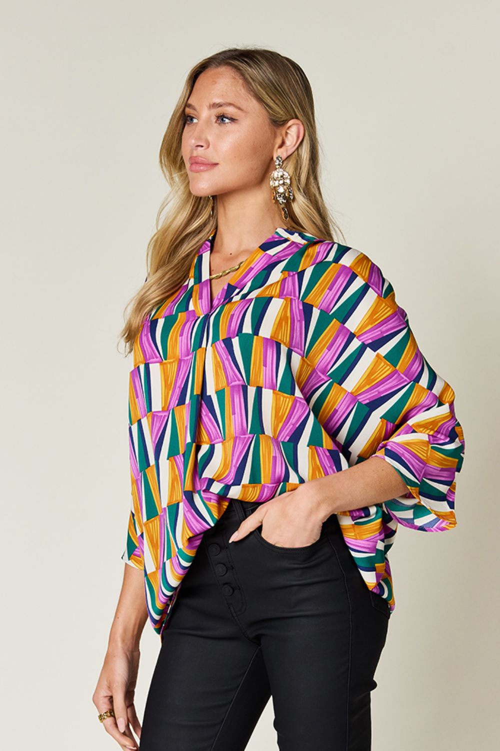 Double Take Full Size Geometric Notched Raglan Sleeve Blouse