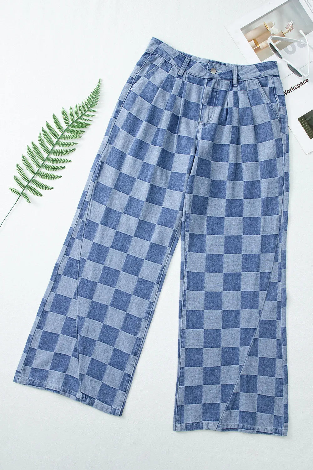 Checkered Wide Leg Jeans with Pockets