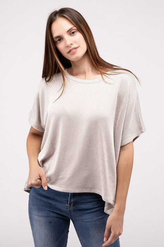 Zenana Ribbed Striped Oversized Short Sleeve Top