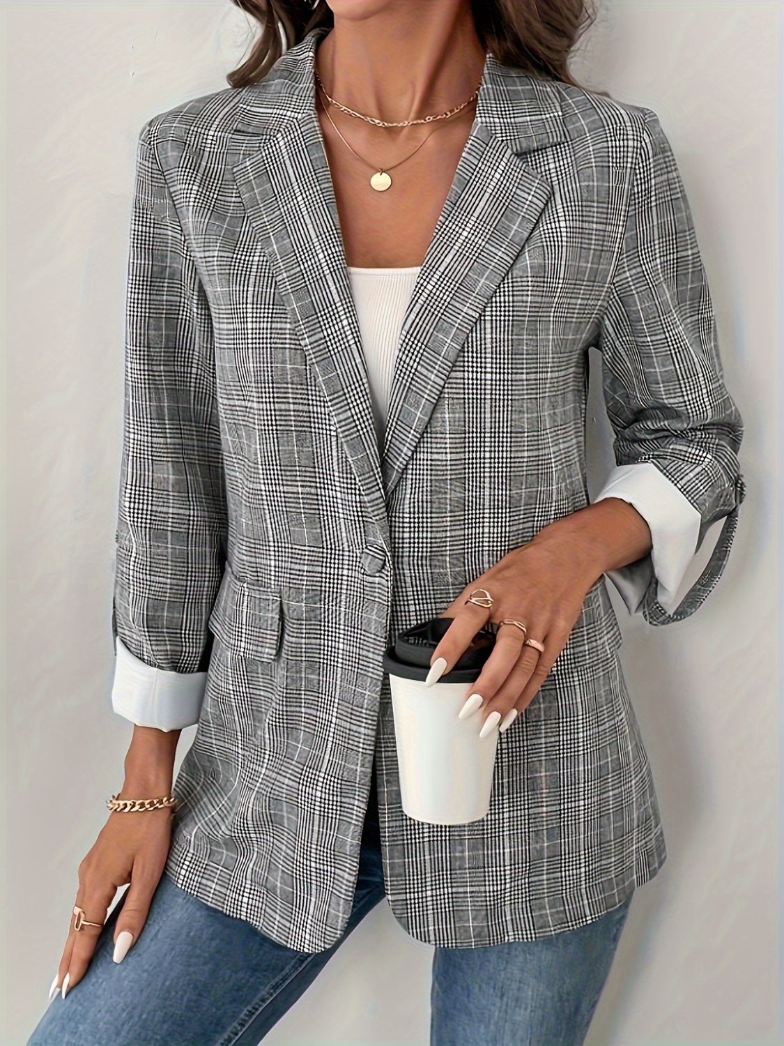 Single-Breasted Lapel Collar Plaid Blazer