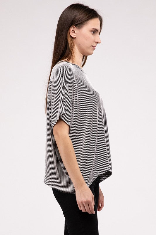 Zenana Ribbed Striped Oversized Short Sleeve Top