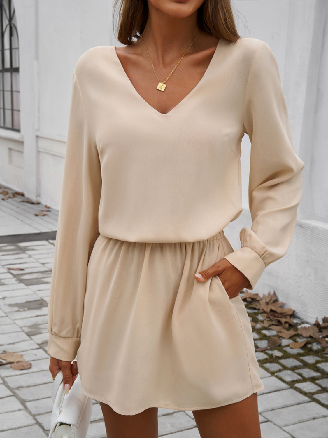 Cutout V-Neck Long Sleeve Mini Dress