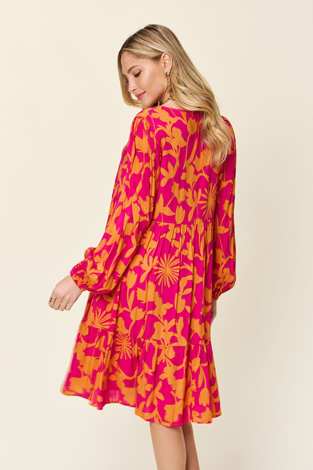 Double Take Full Size Printed Ruffle Hem Long Sleeve Dress