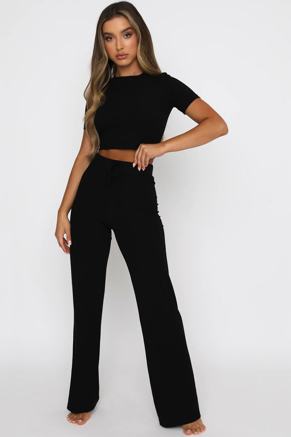 Round Neck Short Sleeve Top and Pants Set