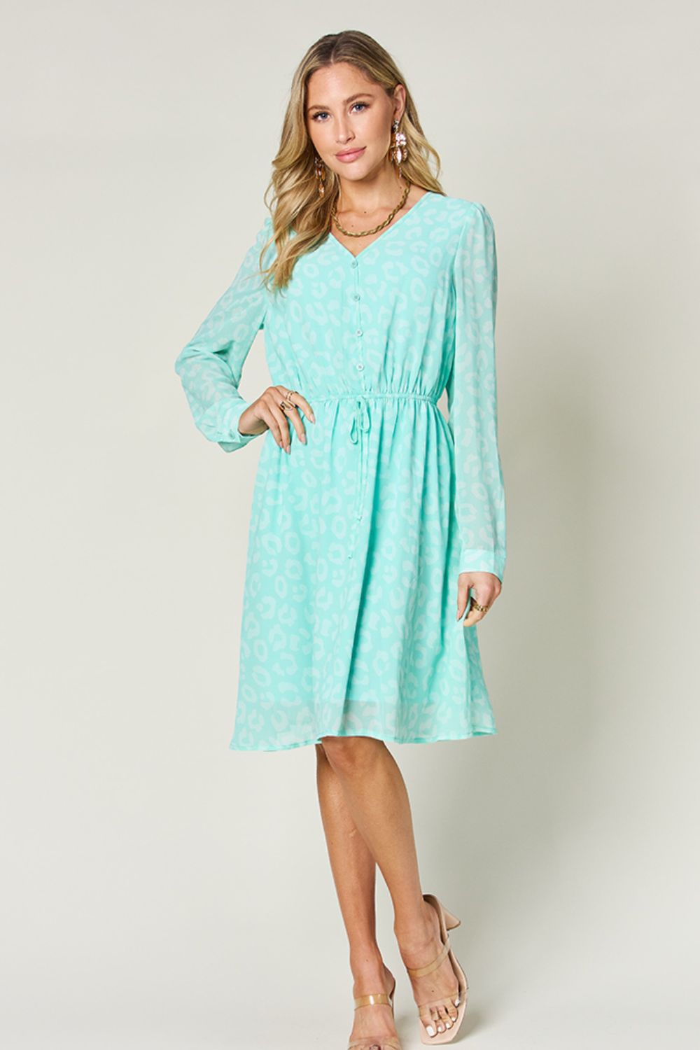 Double Take Teal Full Size Ruched V-Neck Long Sleeve Dress