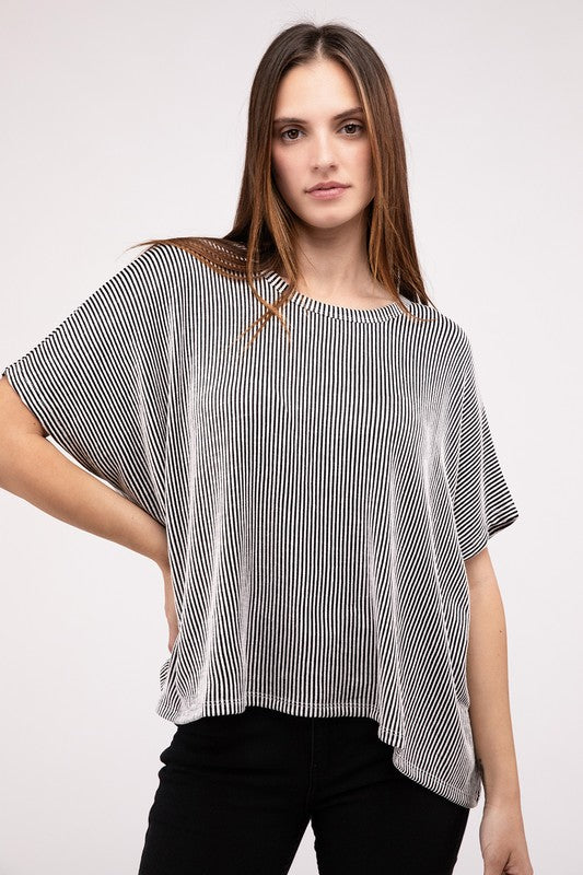 Zenana Ribbed Striped Oversized Short Sleeve Top