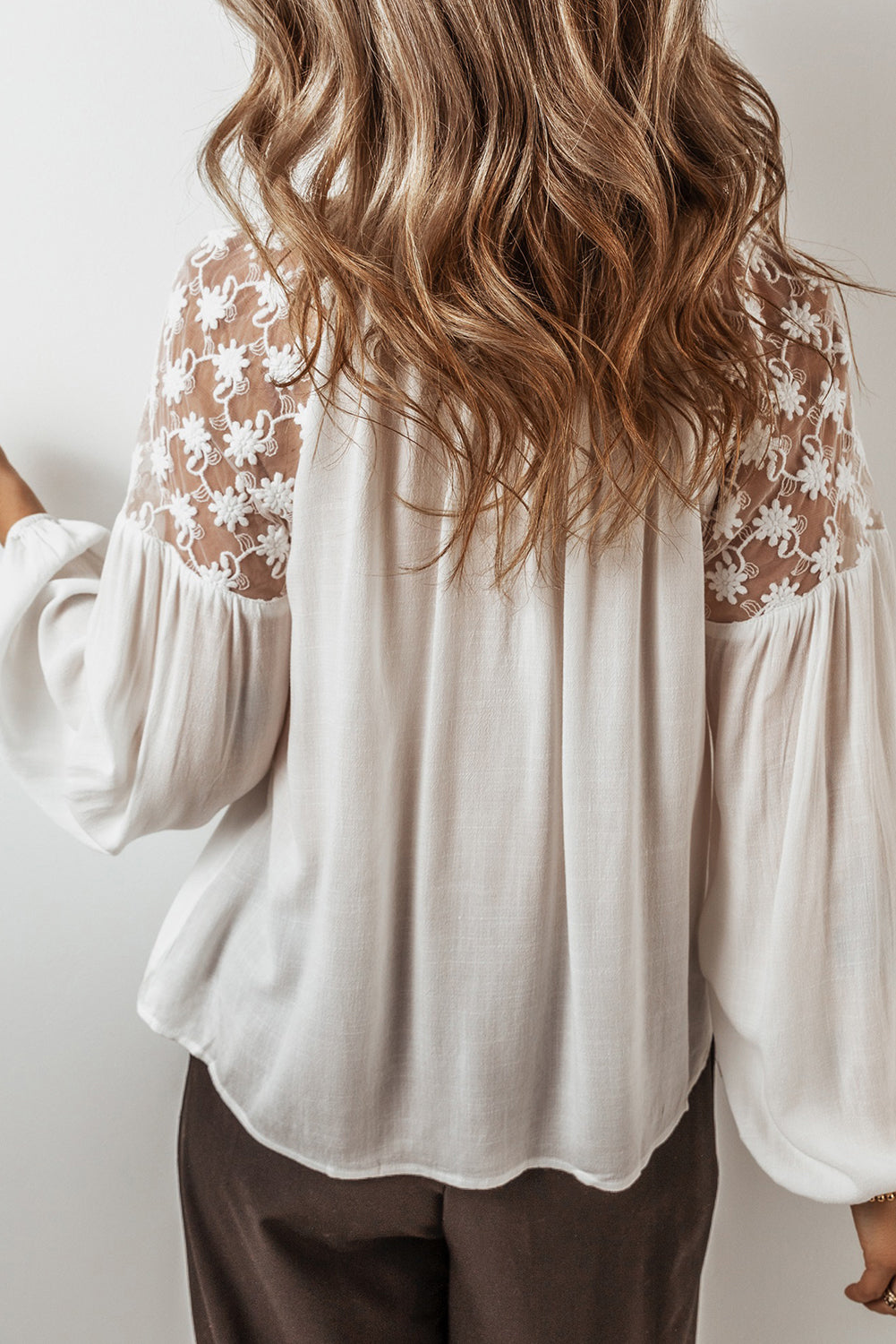 Lace Detail Tie Neck Long Sleeve Blouse