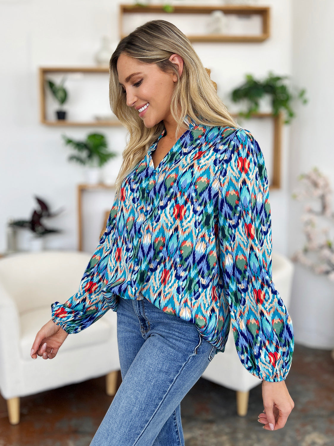 Double Take Full Size Printed Balloon Sleeve Blouse