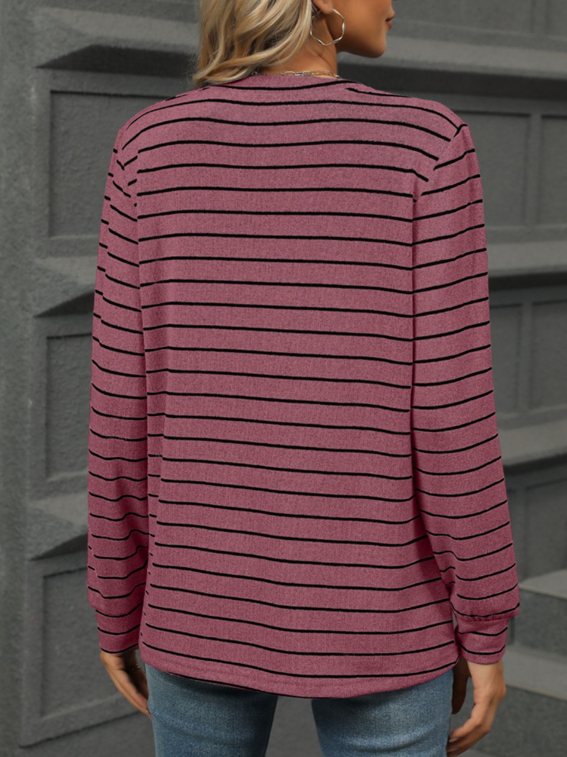 Striped Notched Long Sleeve T-Shirt