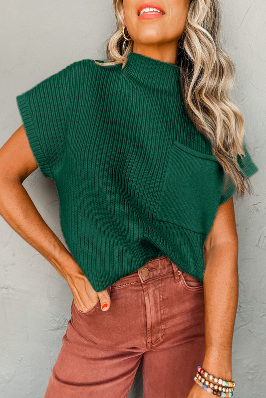 Lucky Green Patch Pocket Ribbed Knit Short Sleeve Sweater