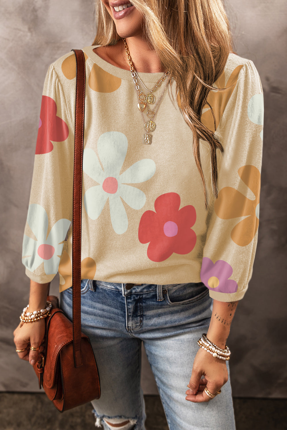 Apricot Cute Flower Print Long Sleeve Top