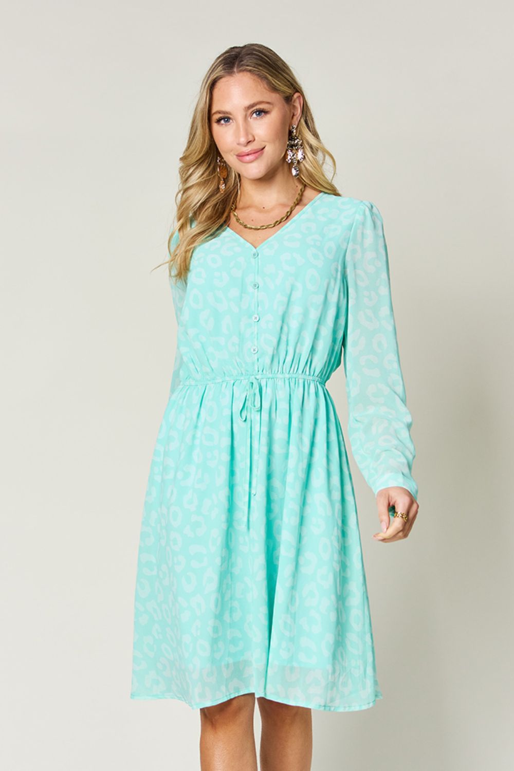 Double Take Teal Full Size Ruched V-Neck Long Sleeve Dress