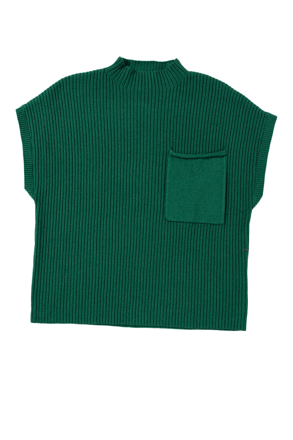 Lucky Green Patch Pocket Ribbed Knit Short Sleeve Sweater