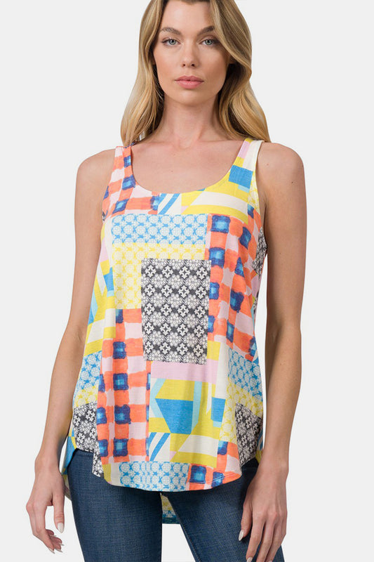 Zenana Patchwork Curved Hem Tank Top