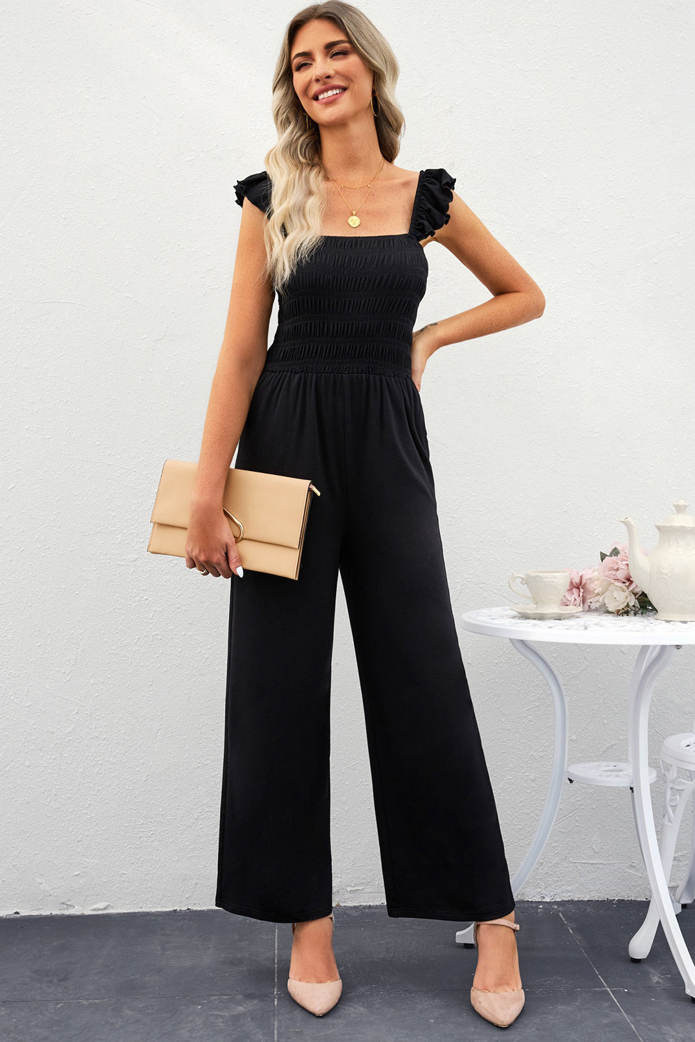 Smocked Square Neck Wide Leg Jumpsuit with Pockets