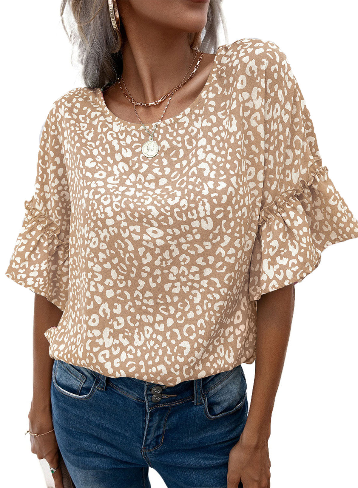 Leopard Round Neck Frill Trim Blouse