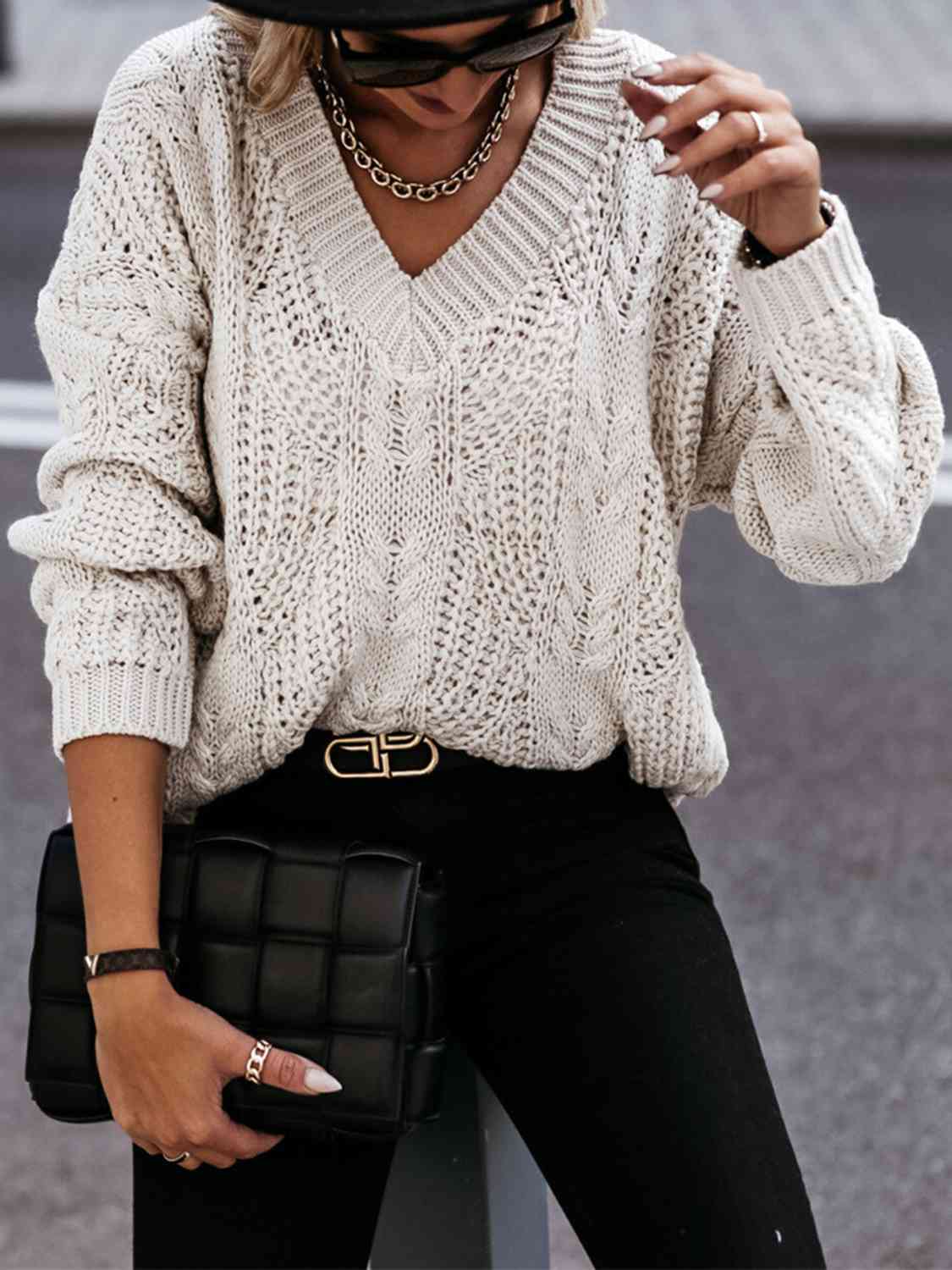 Chunky V-Neck Cable-Knit Long Sleeve Sweater