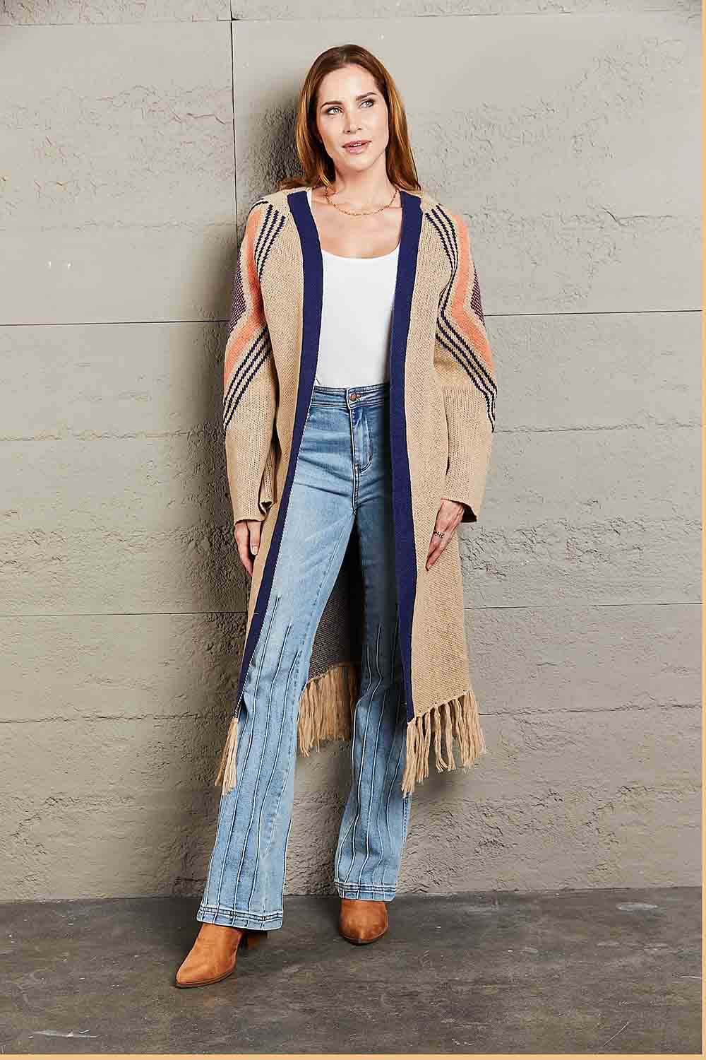 Double Take Geometric Fringe Hem Open Front Duster Cardigan