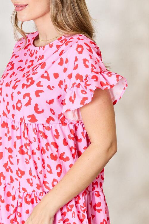 Double Take Pink Red Flounce Sleeve Tiered Dress