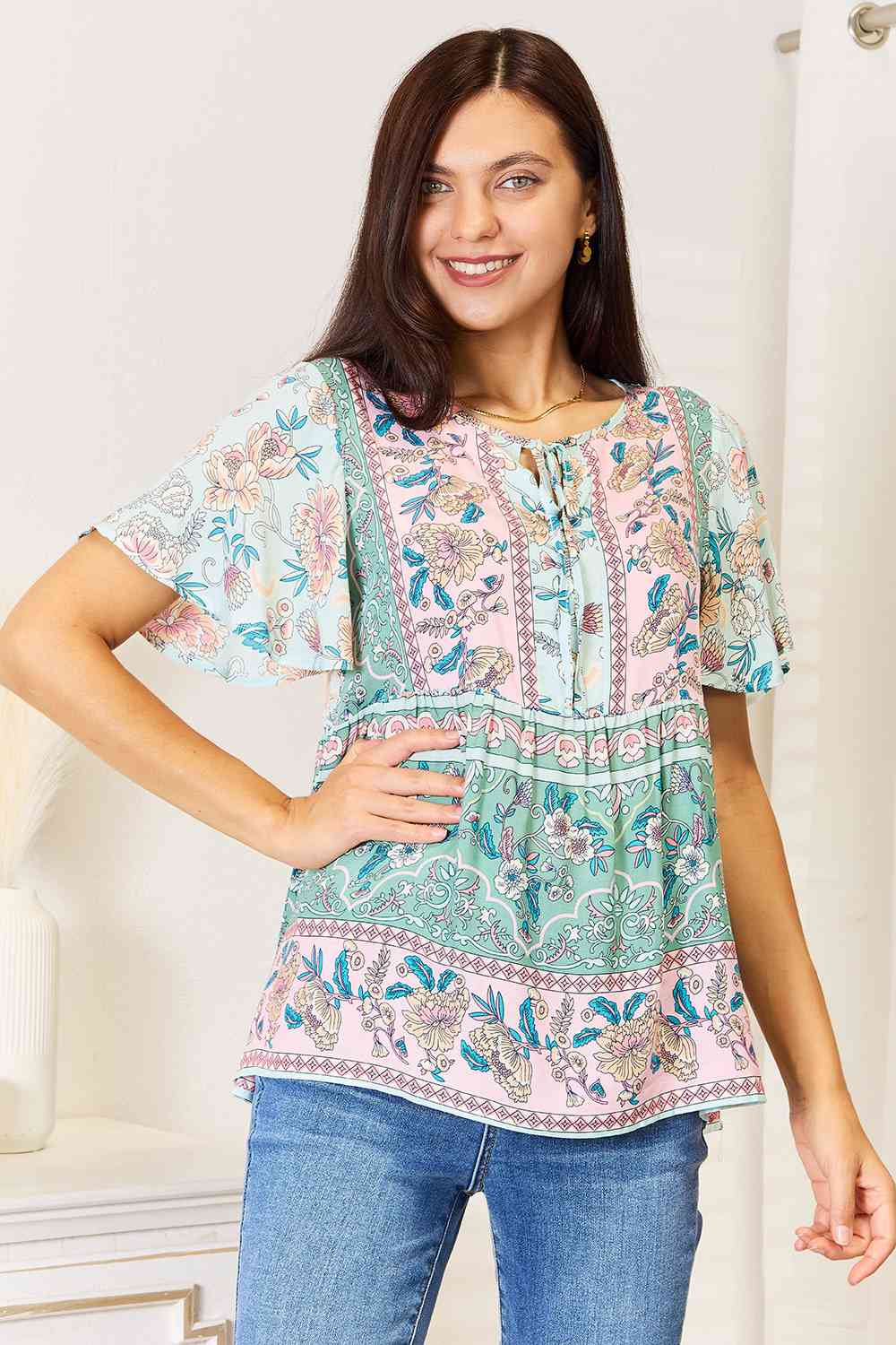 Take It Floral Boho Short Sleeve Blouse - RTS