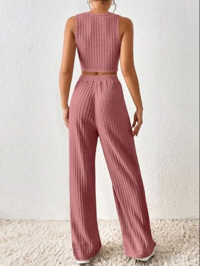 Ribbed Round Neck Tank and Pants Sweater Set