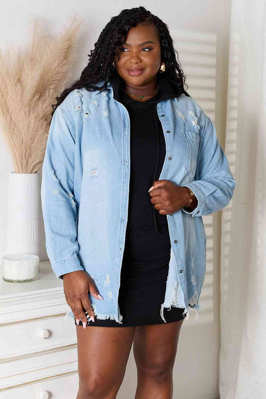 RISEN Mercy Distressed Raw Hem Denim Jacket