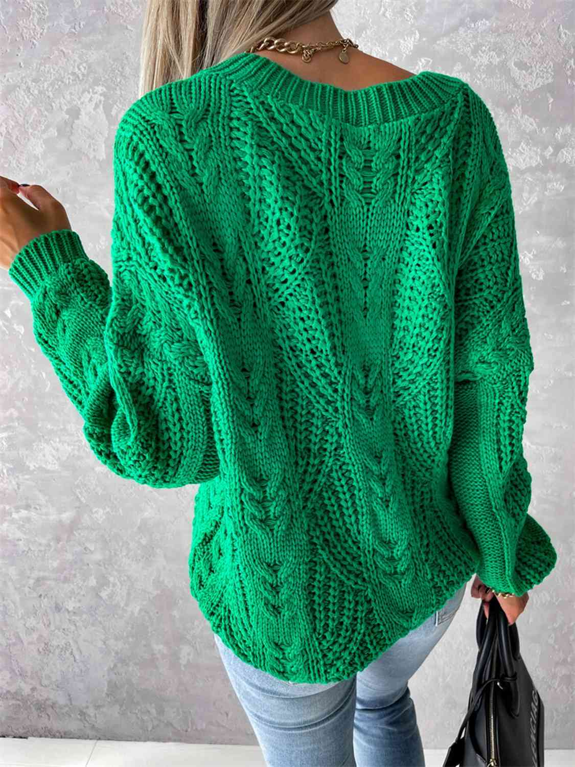 Chunky V-Neck Cable-Knit Long Sleeve Sweater