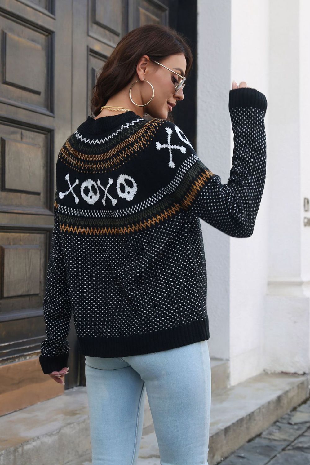 XO Skeleton Round Neck Long Sleeve Pullover Sweater