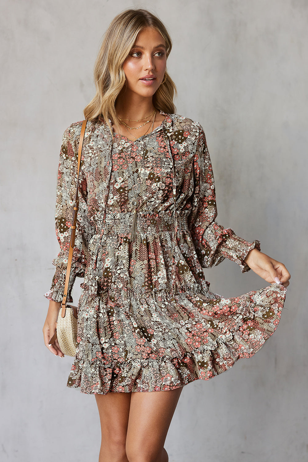 Floral Smocked Tie-Neck Frill Trim Dress