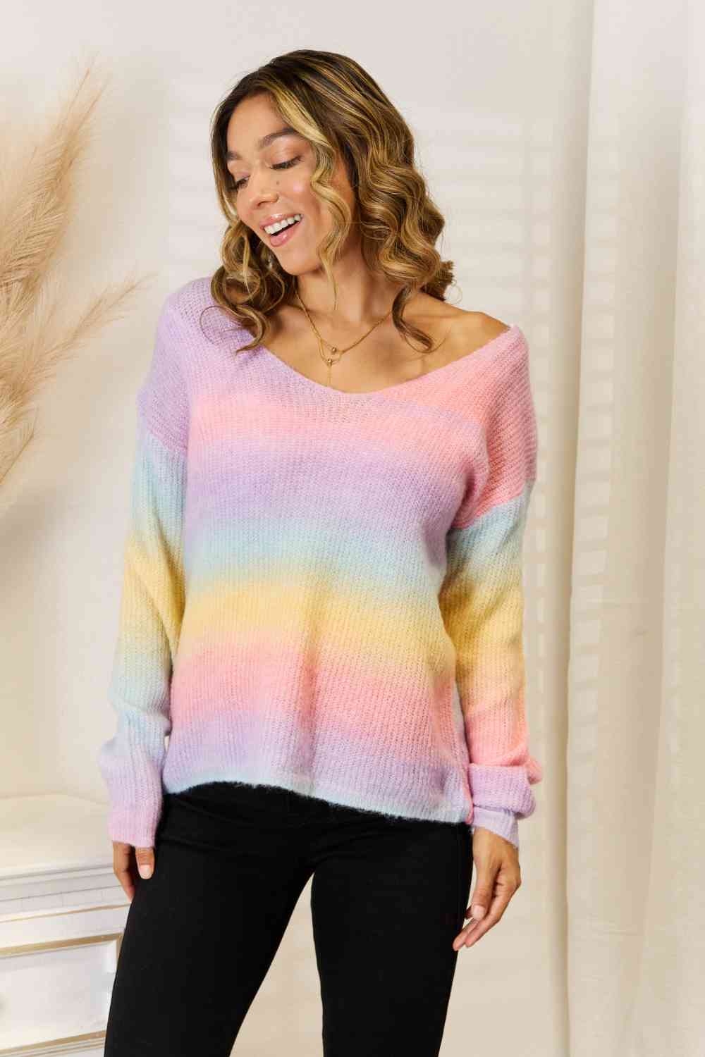 Rainbow Gradient V-Neck Sweater