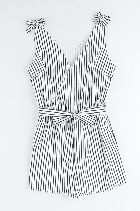 Striped Tie-Shoulder Belted Surplice Romper