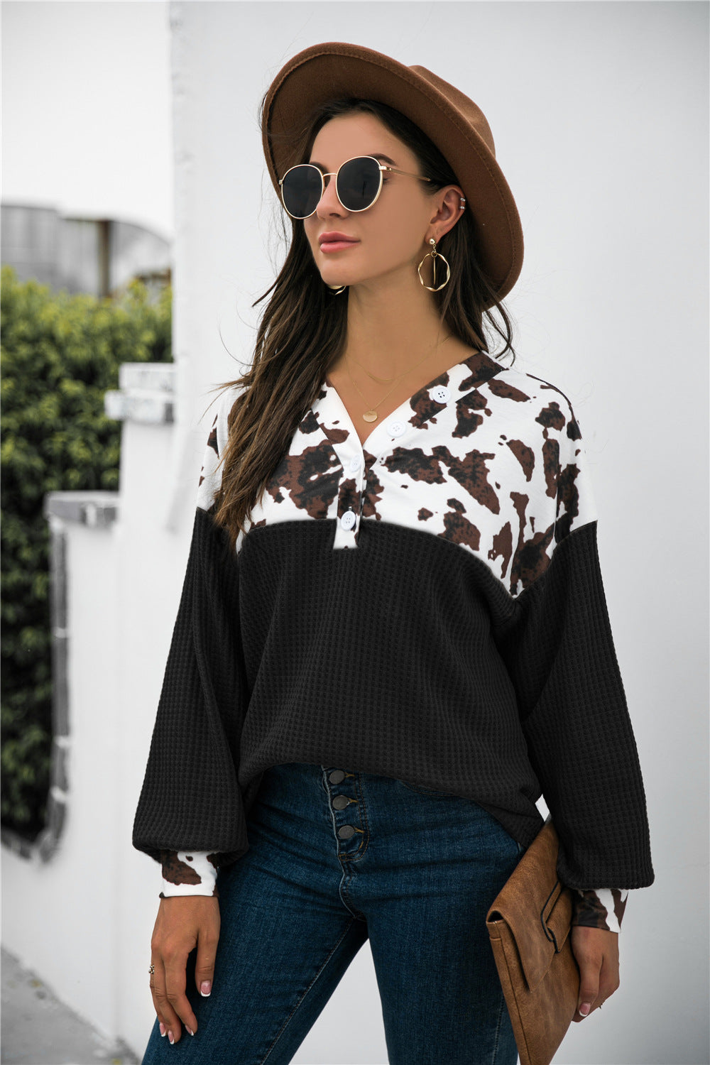 Animal Print Color Block Waffle-Knit Top